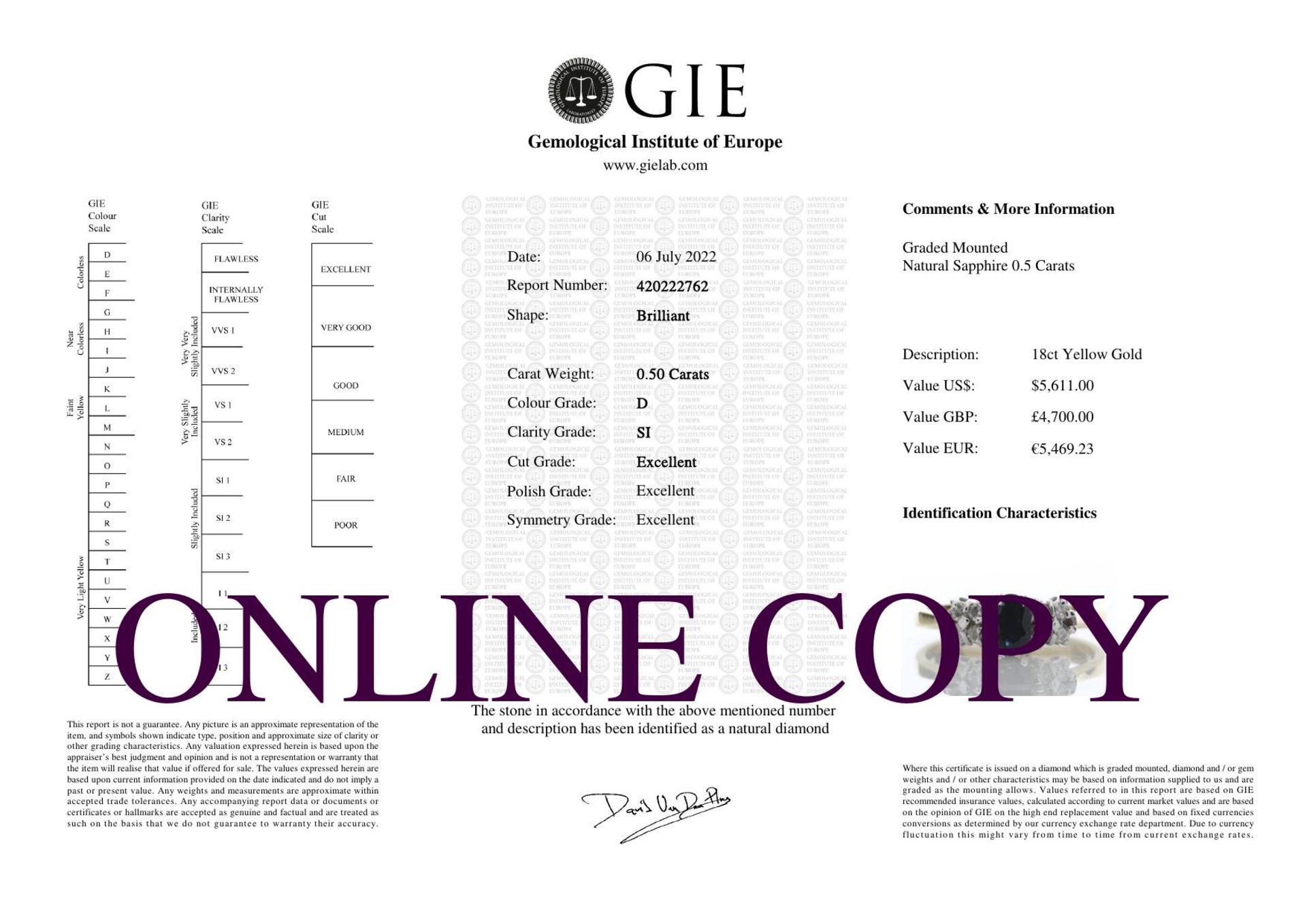 18ct Boat Shape Cluster Diamond Saphire Ring 0.50 Carats - Valued By GIE £7,990.00 - A beautiful - Image 5 of 5