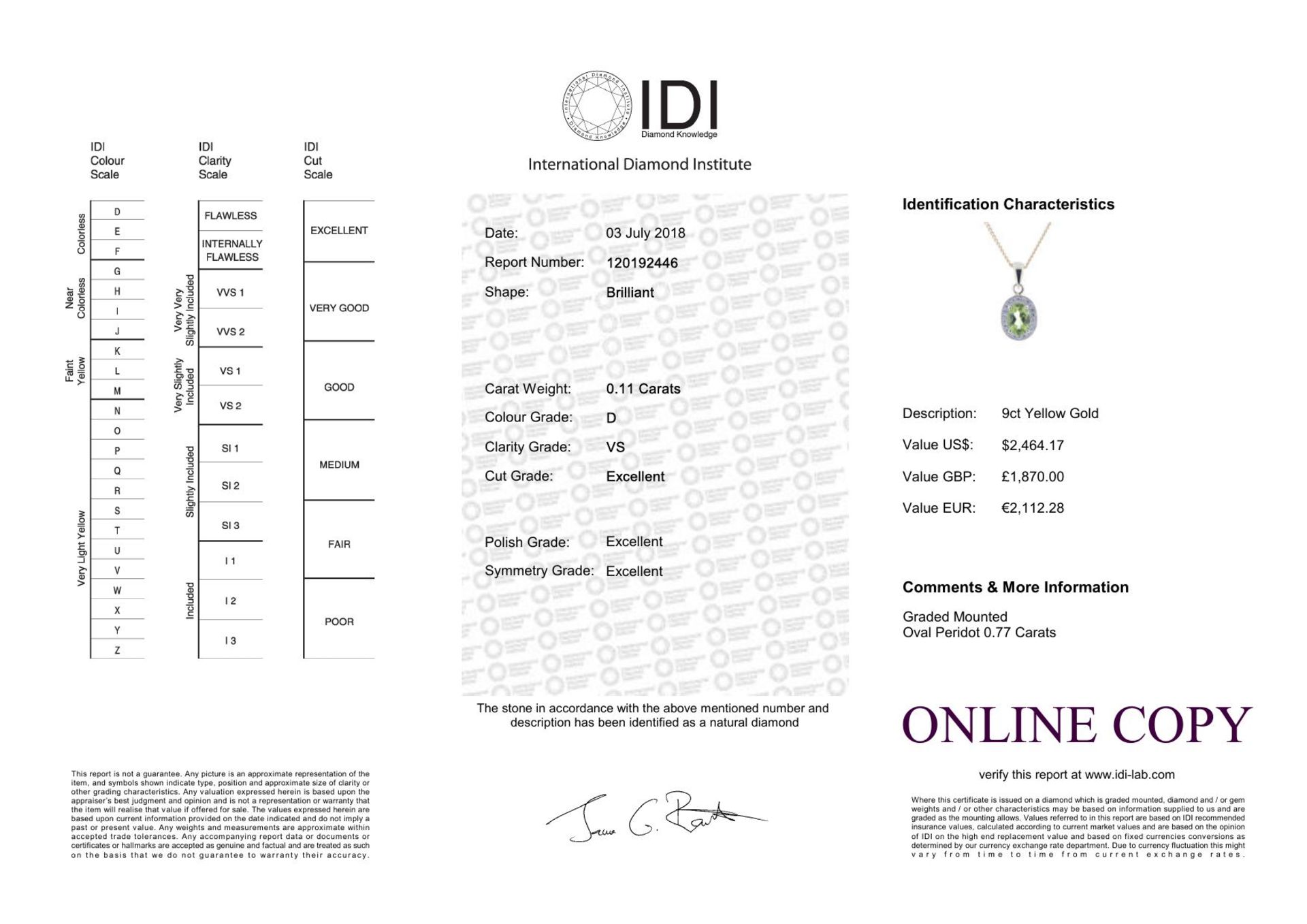 9ct Yellow Gold Diamond And Peridot Pendant (P 0.75) 0.11 Carats - Valued By IDI £1,870.00 - An oval - Image 4 of 4