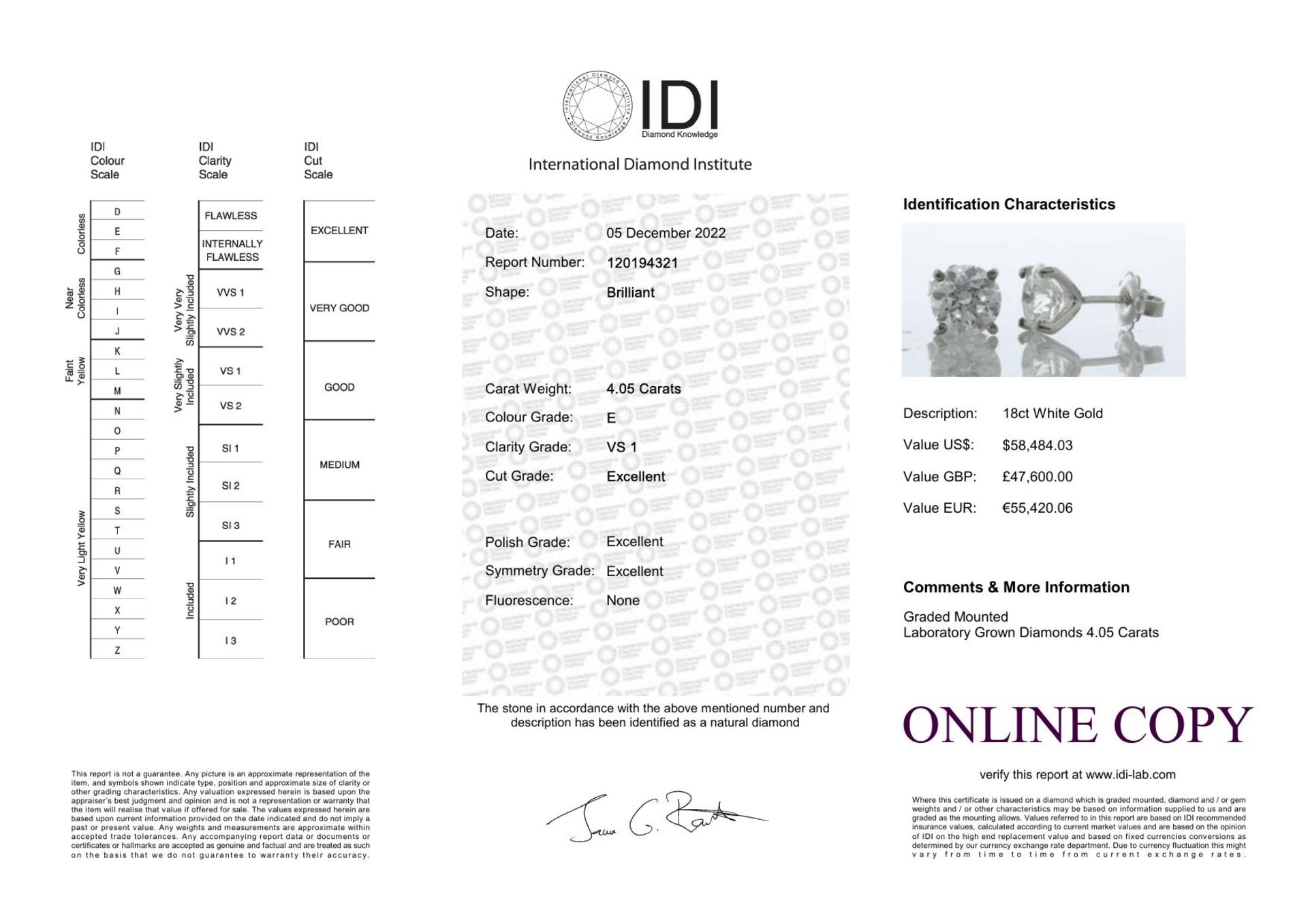 18ct White Gold LAB GROWN Diamond Earrings 4.05 Carats - Valued By IDI £47,600.00 - Two stunning - Image 4 of 4