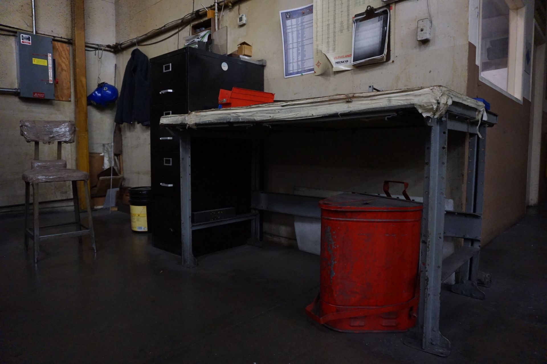 (2) HEAVY DUTY STEEL WORK BENCHES, FILE CABINET, STOOL MISC. CONTENTS **Rigging provided exclusively - Image 3 of 3
