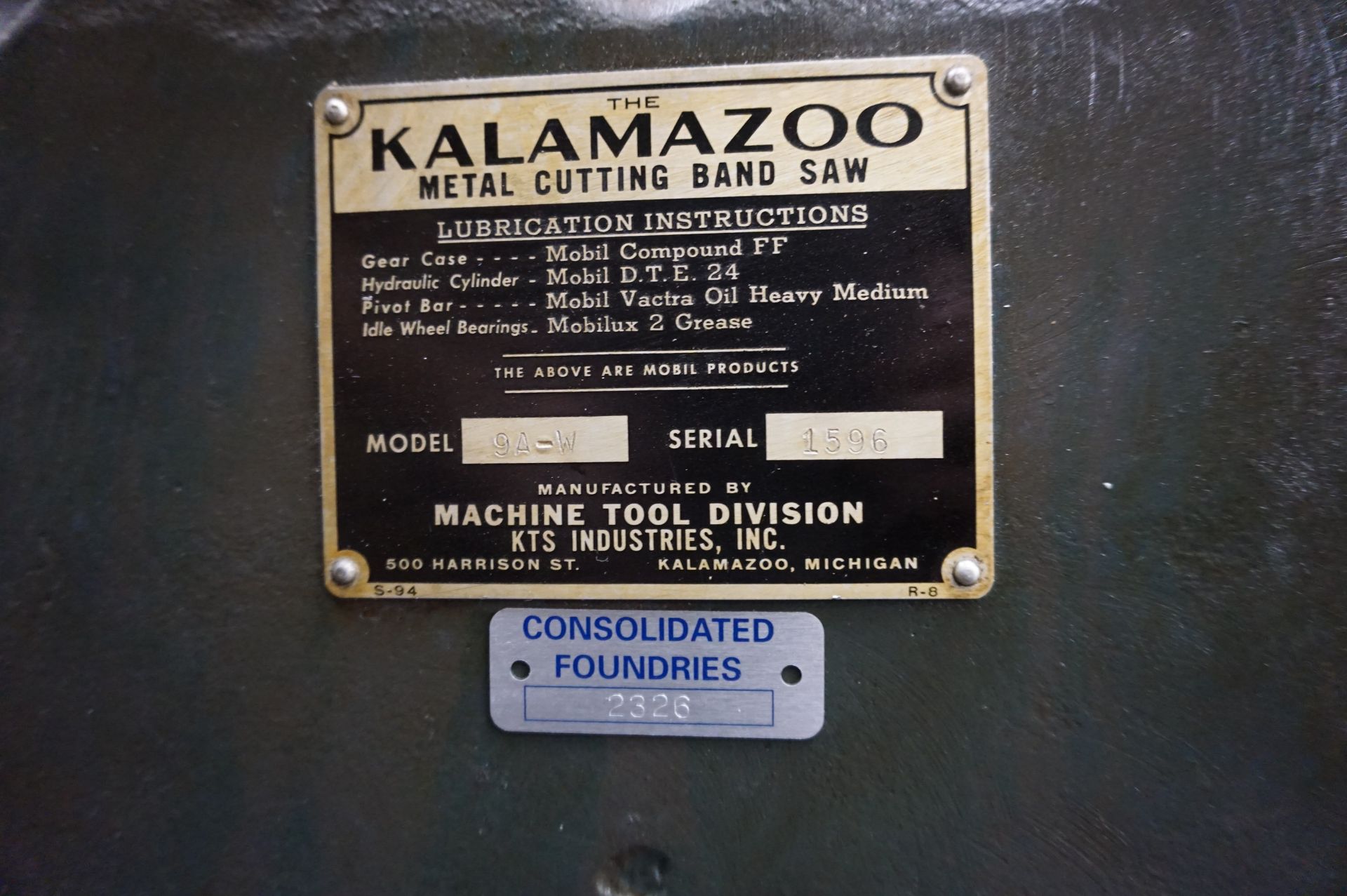 KALAMAZOO MODEL 9A-W METAL CUTTING BAND SAW, S/N 1596 **Rigging provided exclusively by Golden - Image 3 of 3