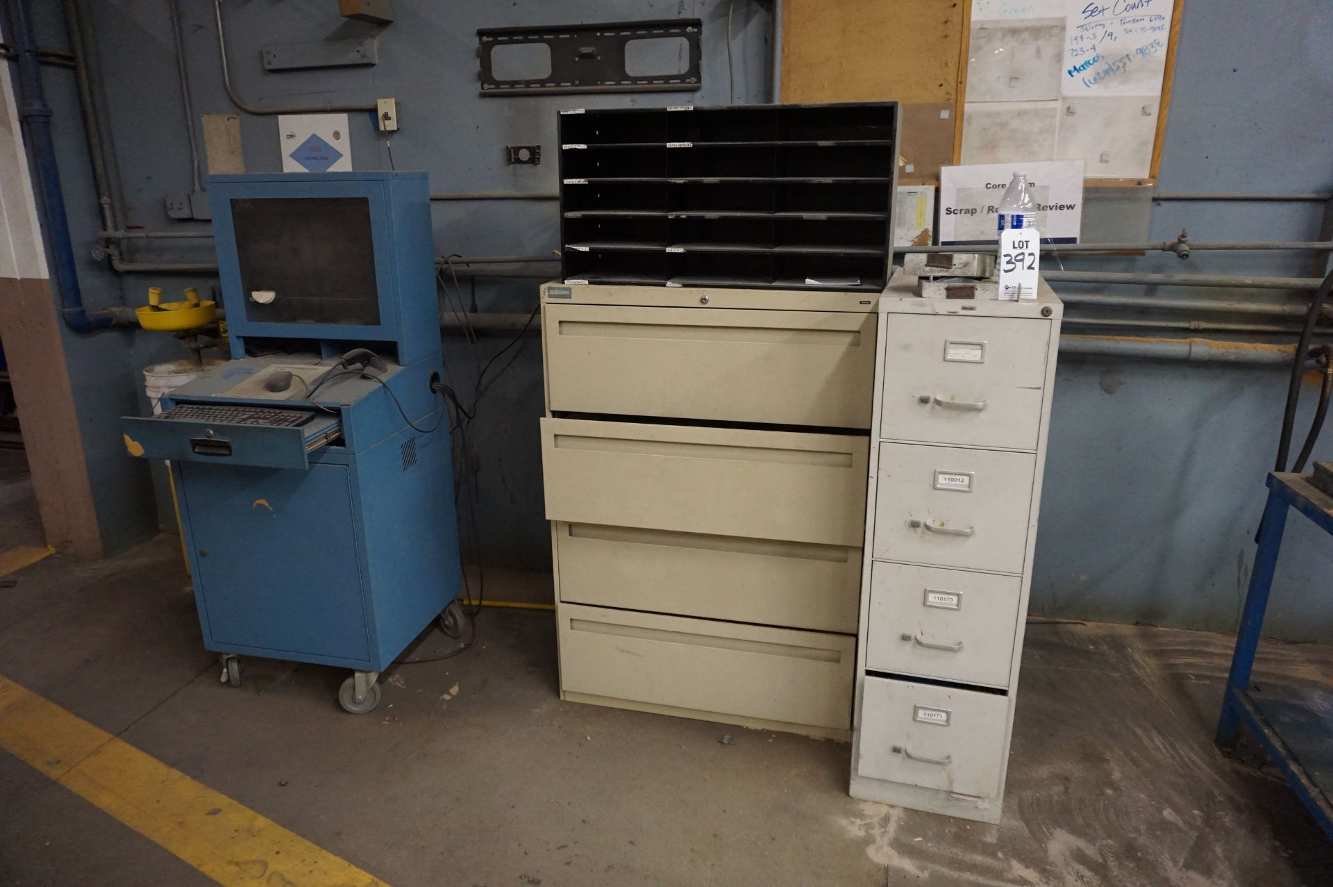 LOT TO INCLUDE (1) ROLLING COMPUTER STAND (2) FILE CABINETS (1) 2-DOOR CABINET **Rigging provided