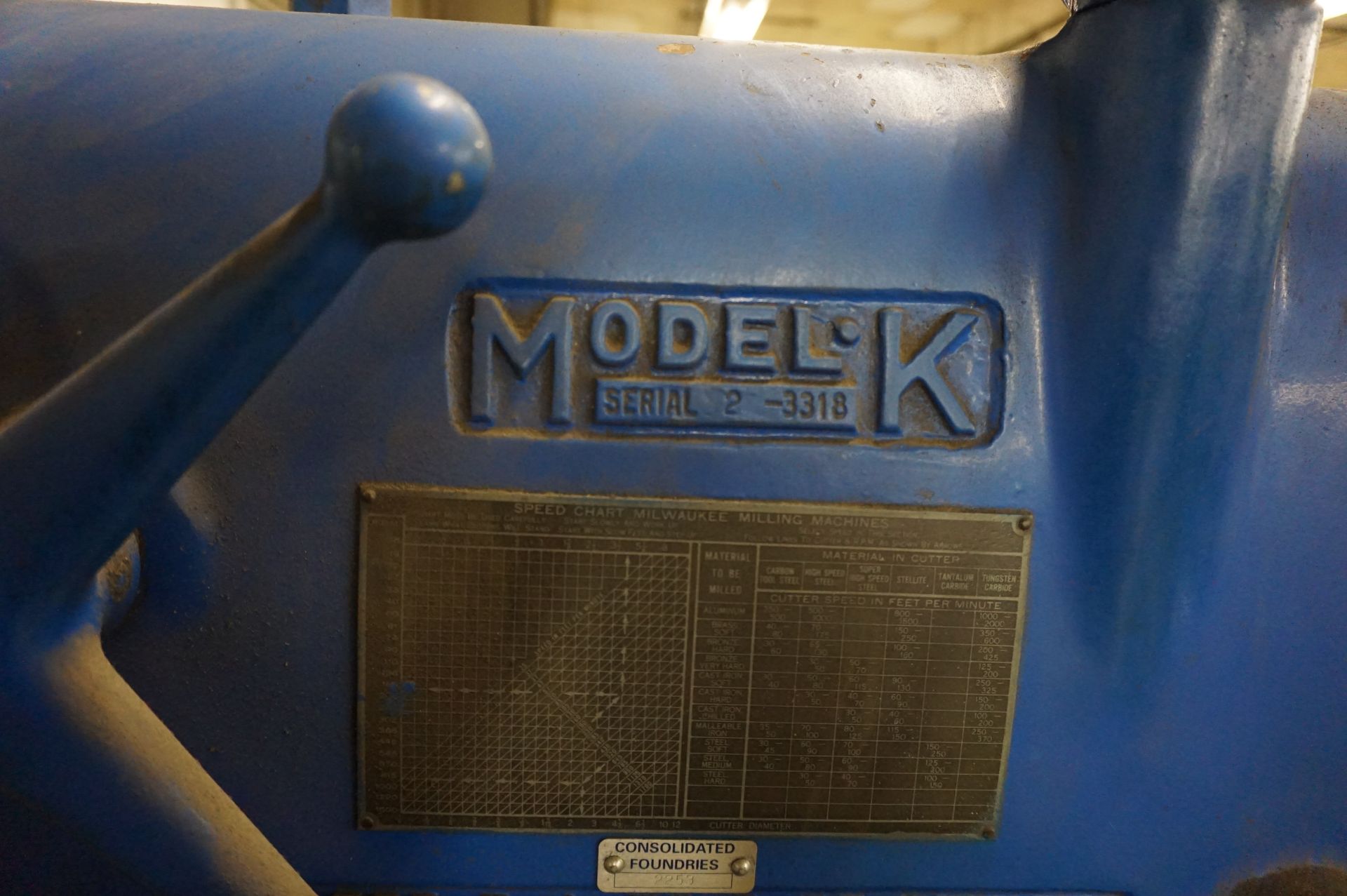 KEARNEY AND TRECKER MODEL K HORIZONTAL MILLING MACHINE NO. 2, S/N 2-3318 *LOCK OUT TAGGED - Image 3 of 3
