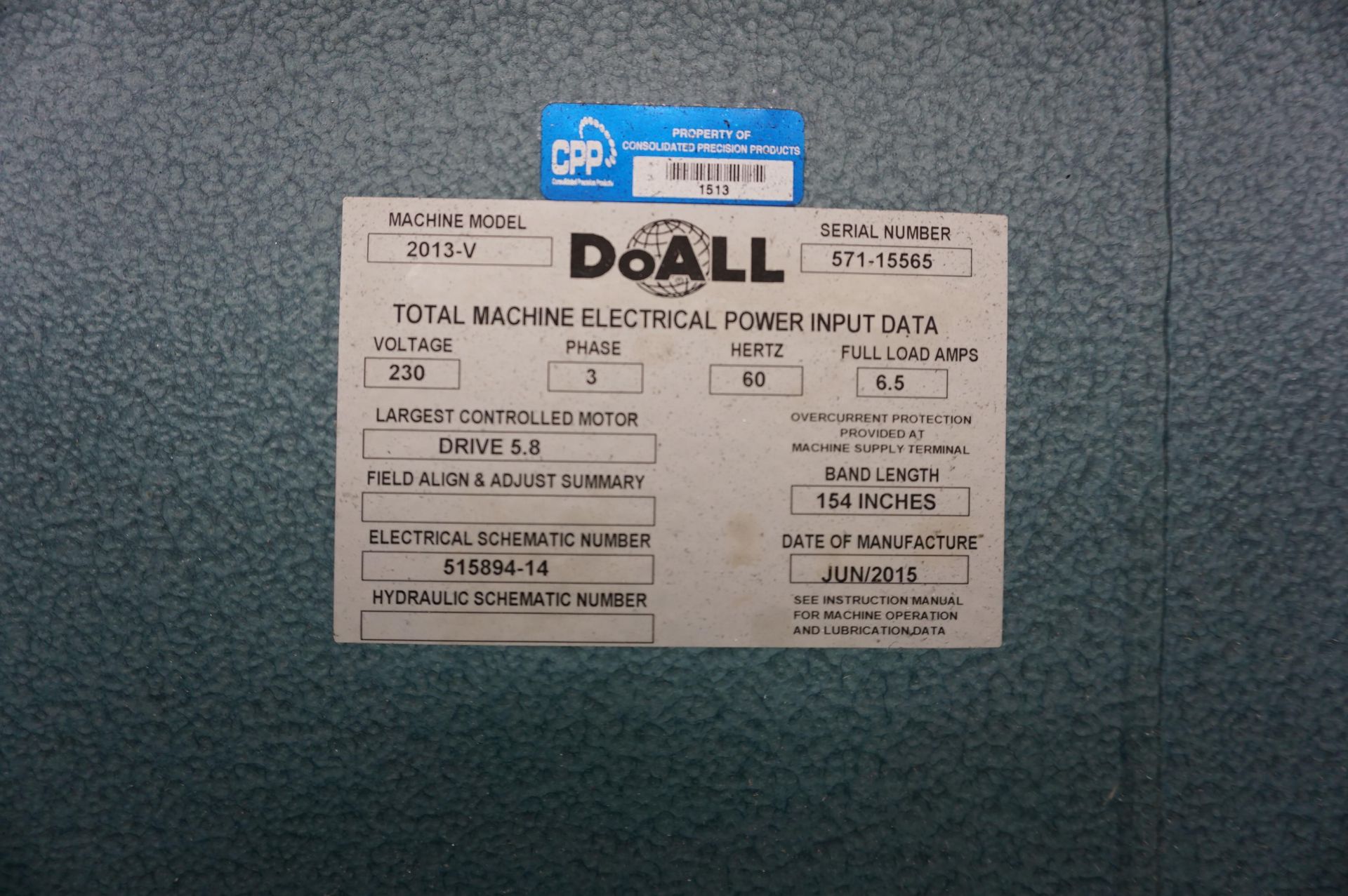 DOALL MODEL 2013-V METAL CUTTING VERTICAL BANDSAW, S/N 571-15565 **Rigging provided exclusively by - Image 3 of 3