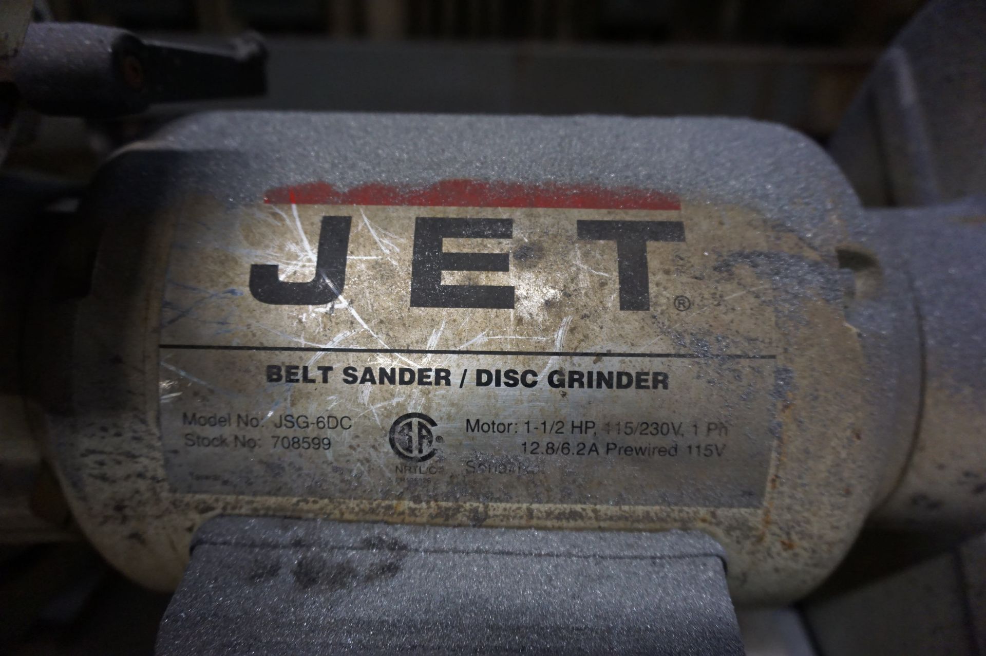 JET BELT SANDER/ DISC GRINDER MODEL JSG-6DC, STOCK NUMBER 708599, 1 1/2 HP WITH STEEL CART **Rigging - Image 2 of 2