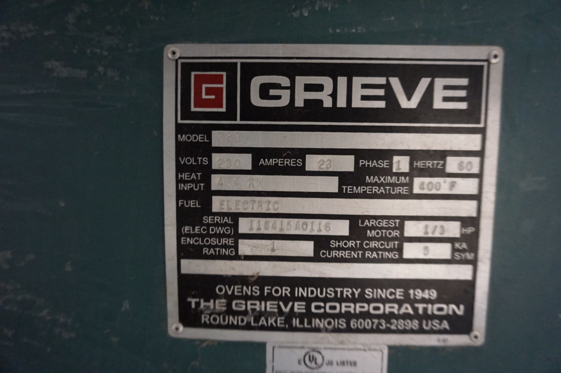 GRIEVE HEAT TREAT BENCH OVEN, MODEL 323, ELECTRIC, MAX TEMP 400 DEGREE, S/N 116415A0116 * - Image 4 of 4