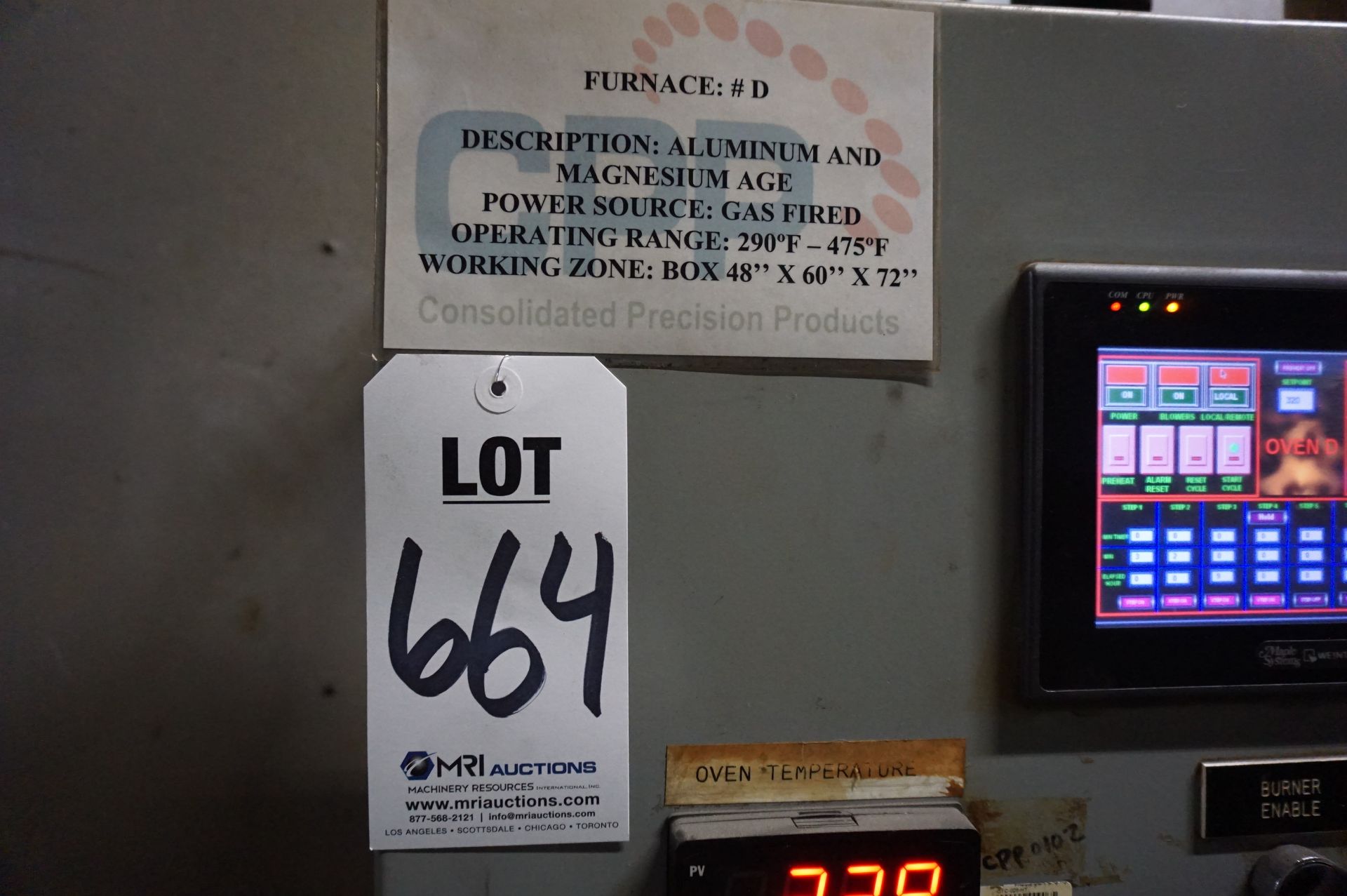 GAS FIRED TWO DOOR WALK IN TYPE FURNACE, 290 - 475 DEGREE F, 48" X 60" X 72", DIGITAL GAUGES, - Image 6 of 6