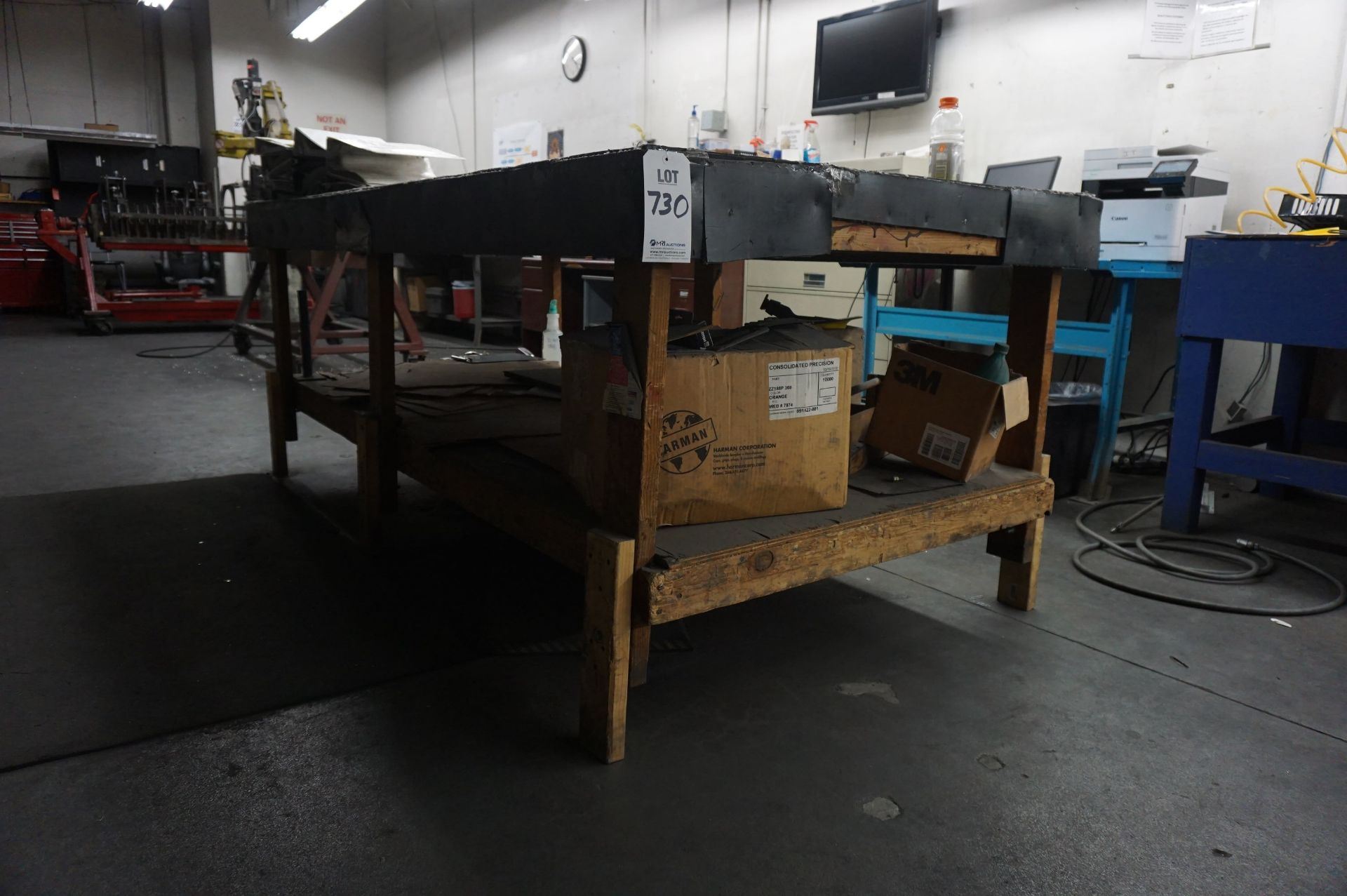 SUPPORT LOT TO INCLUDE: WOOD TABLE, WOOD WORKSTATION, 2 DOOR STEEL CABINET