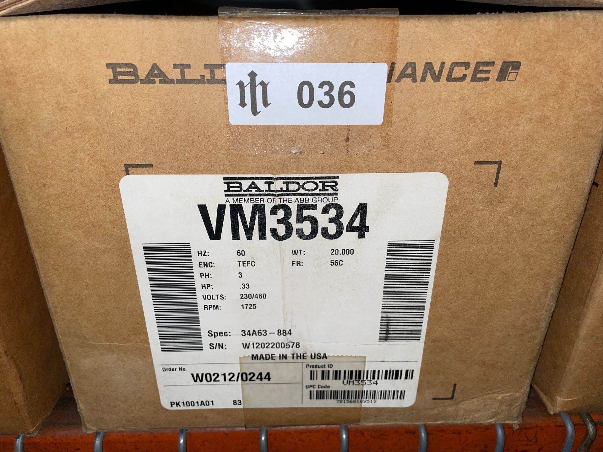 Baldor VM3534 Motor, 1/3HP - Image 3 of 3