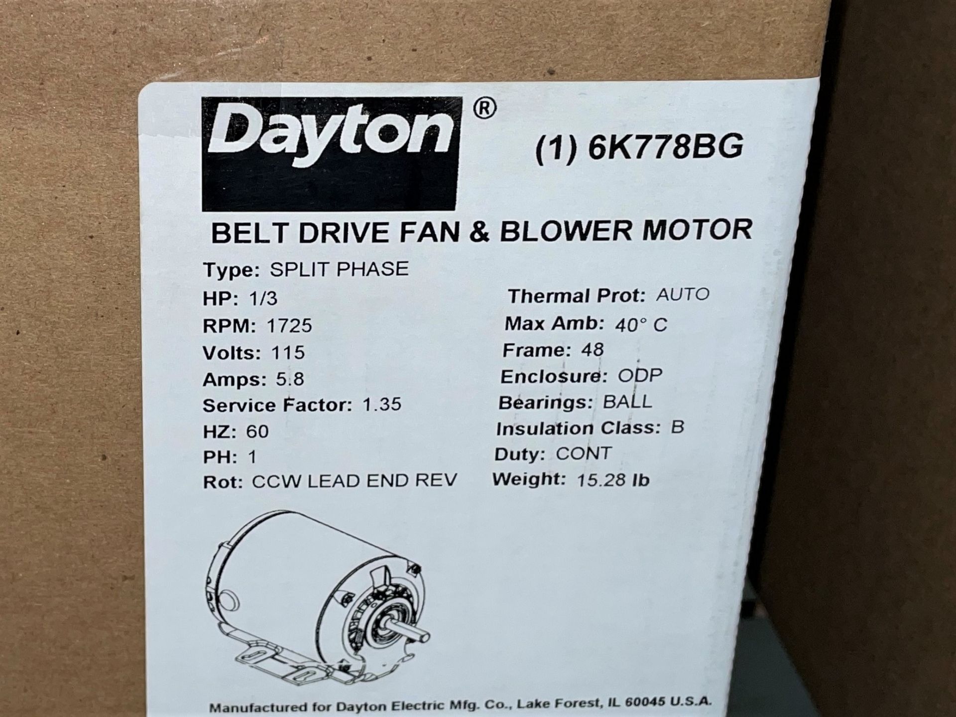 Dayton 6K778BG Belt Drive and Blower Split Phase Motor, 1/3HP - Image 3 of 3