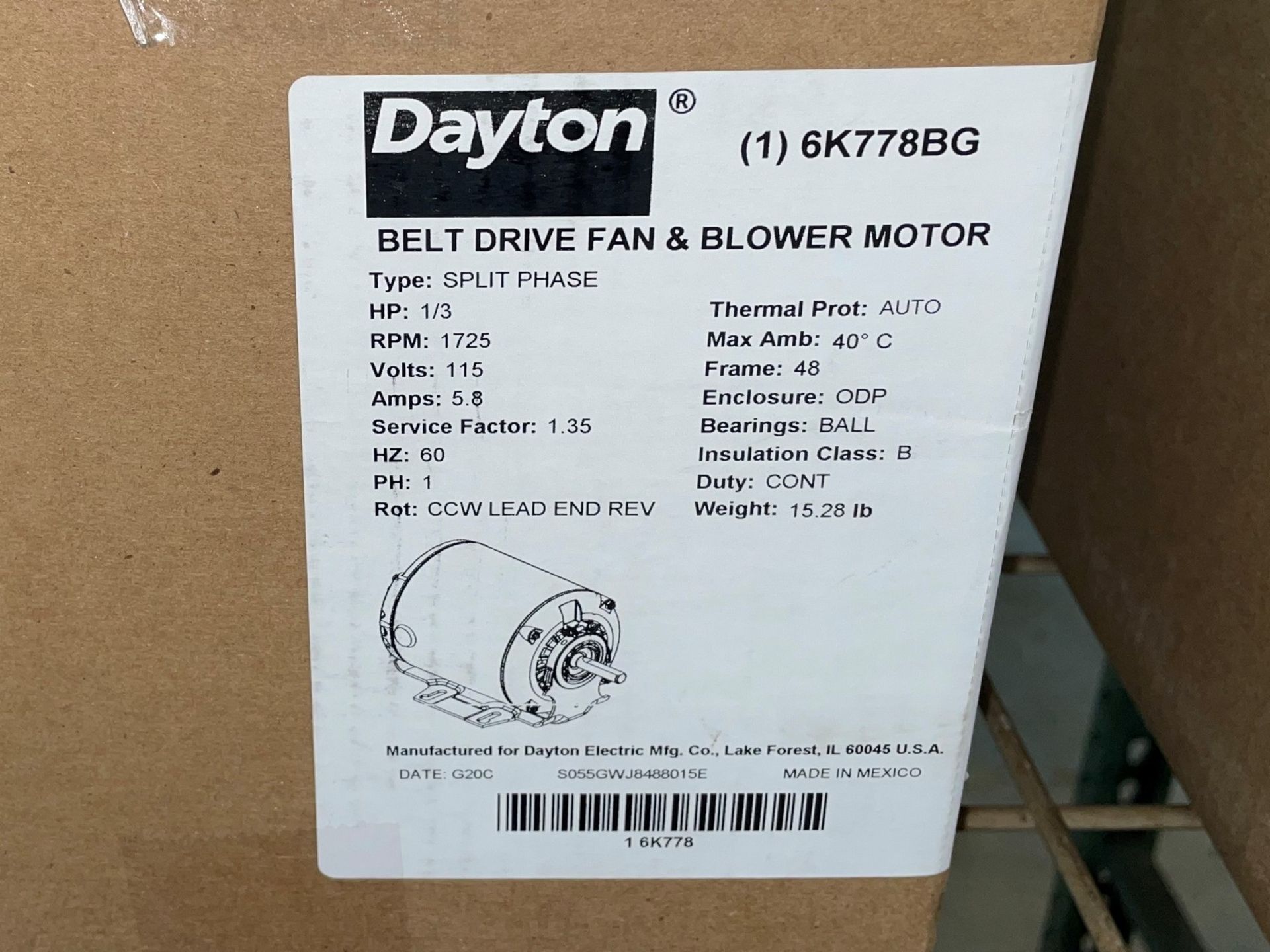 Dayton 6K778BG Belt Drive and Blower Split Phase Motor, 1/3HP - Image 3 of 3