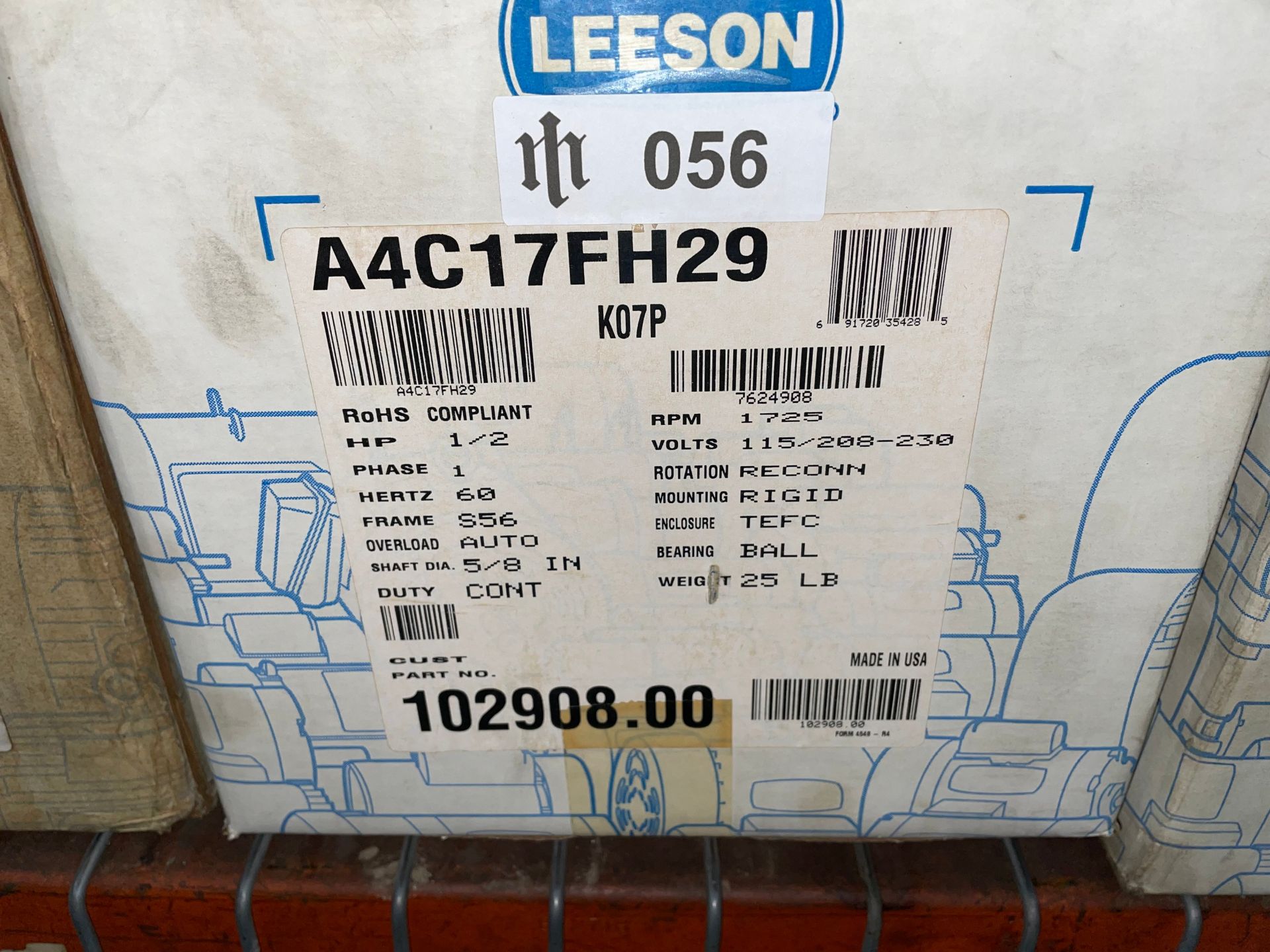 Leeson A4C17FH29 H07P Motor, 1/2HP - Image 3 of 3