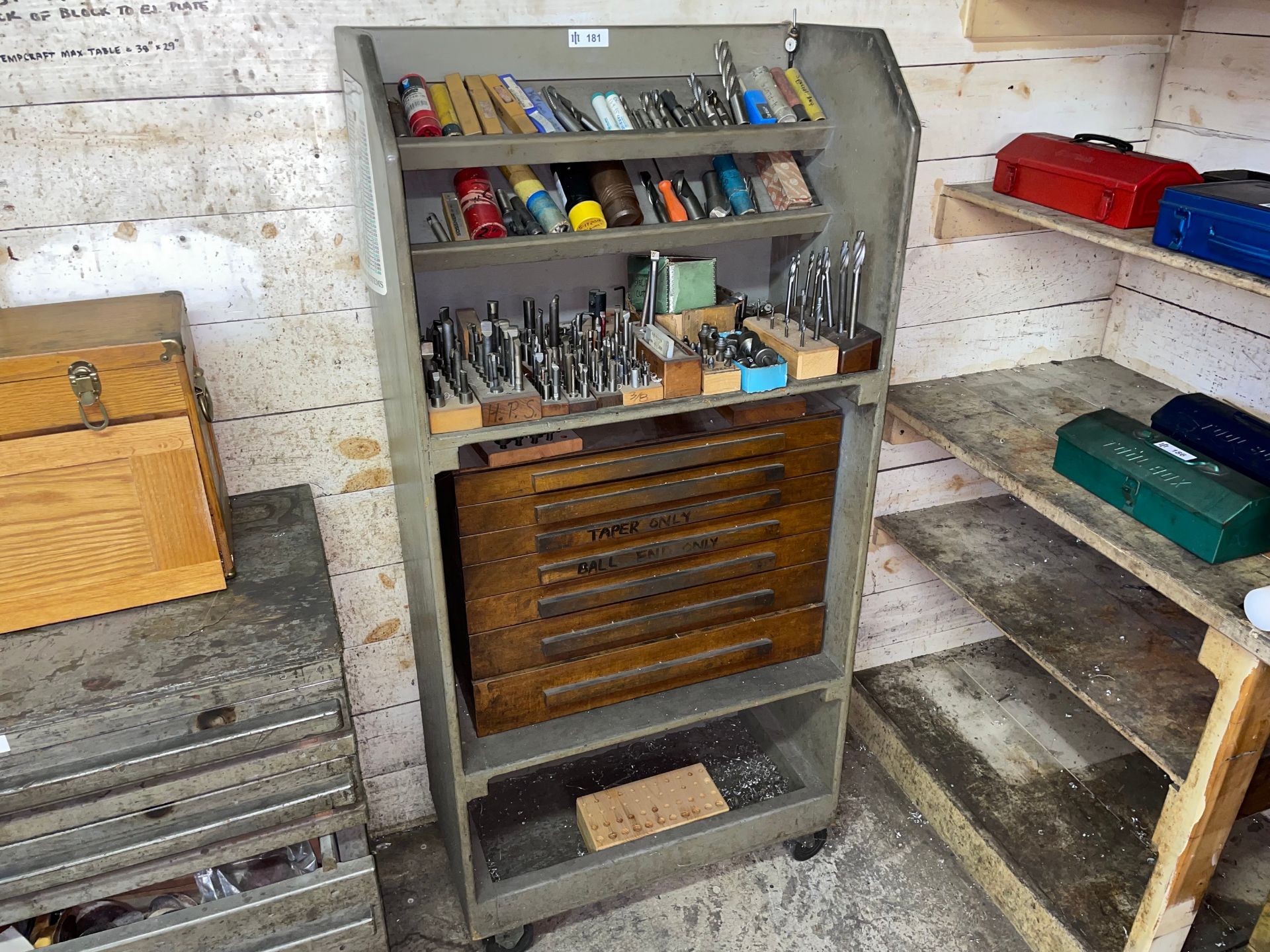 Wood Tool Storage Rack including Wood Tool Box and Shelves with Contents