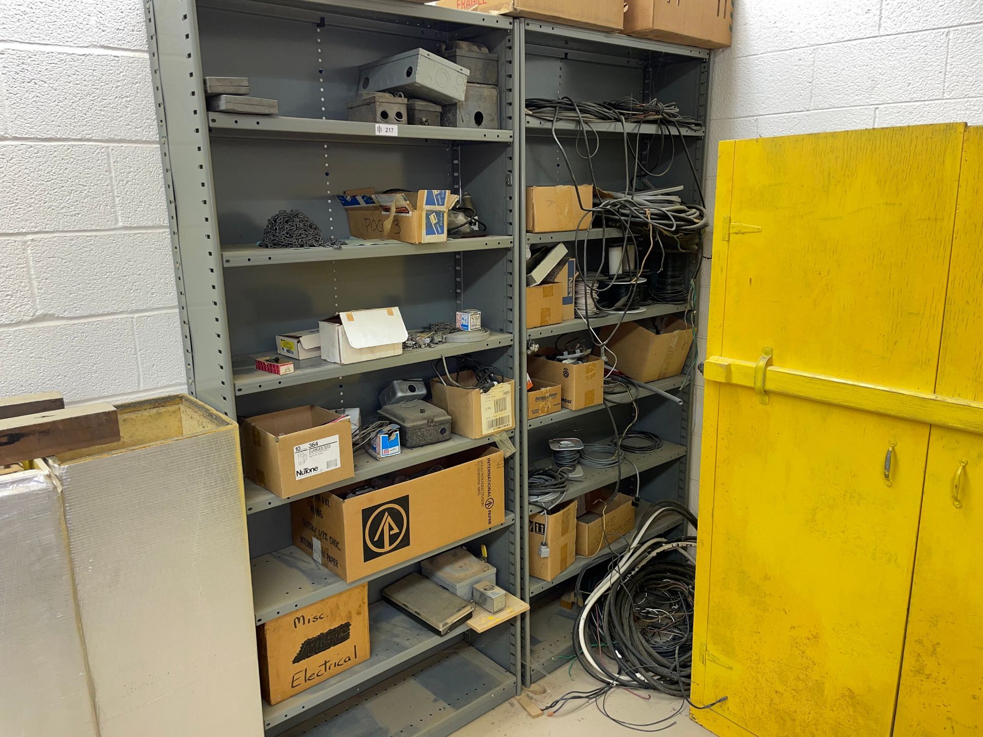 Lot with (2) Metal Storage Shelves and Contents of Electrical Supplies