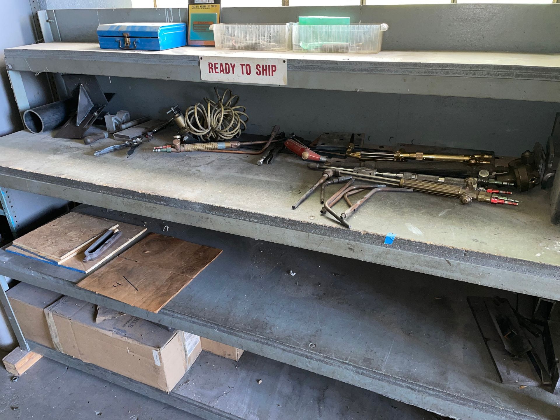 Lot with (3) Sections of Shelving and Workstation with Contents of Welding Supplies - Image 5 of 6
