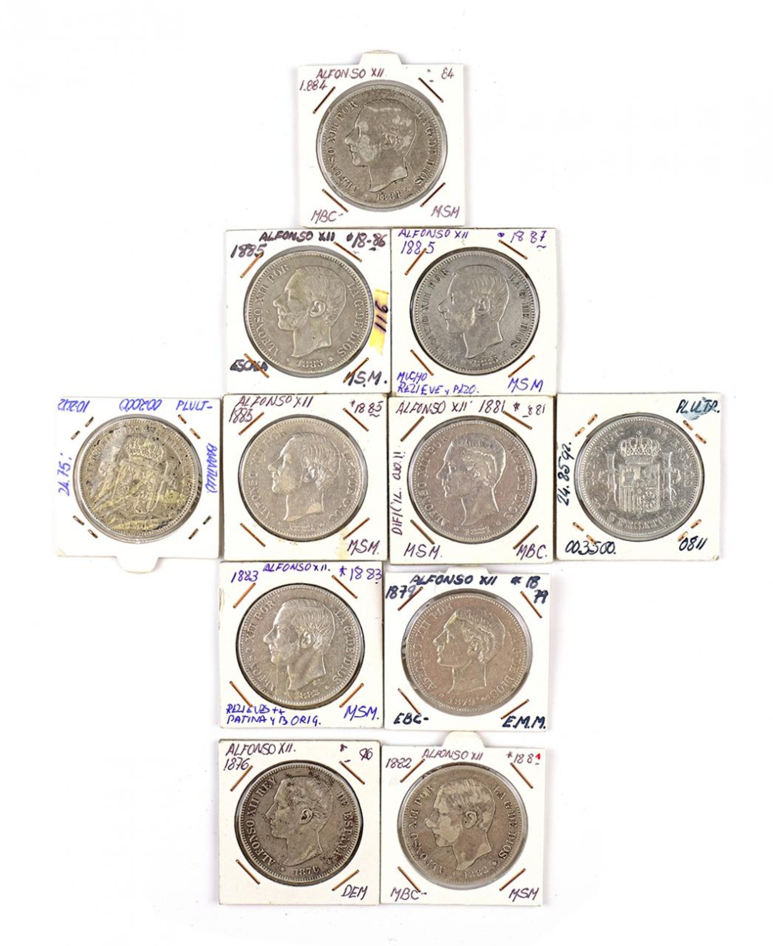 Lote formado por once monedas de plata de 5 pesetas Amadeo I