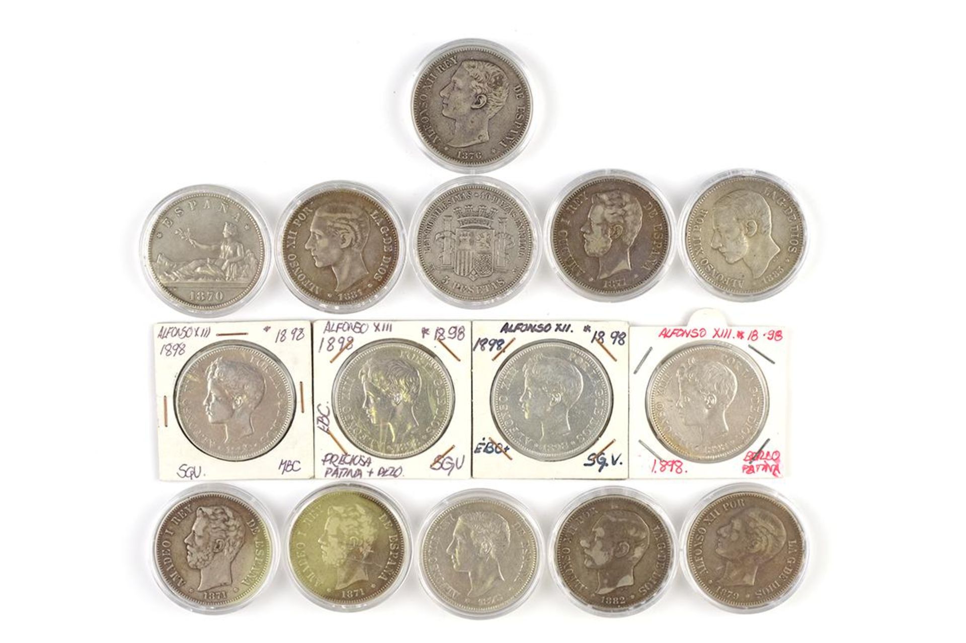 Lote formado por quince monedas de plata de 5 pesetas