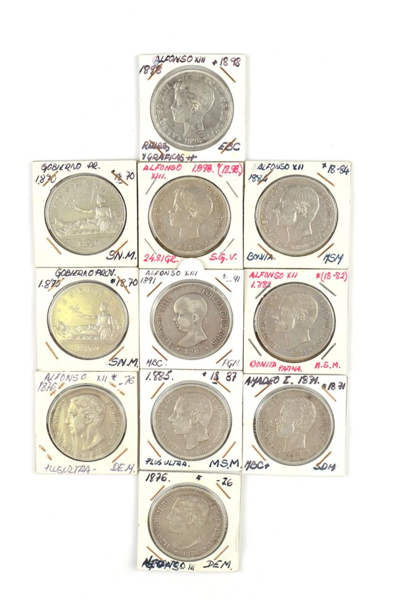 Lote formado por once monedas de plata de 5 pesetas