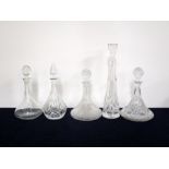Five Assorted Decanters with Stoppers, including Ships Decanter and Hobnail cut glass
