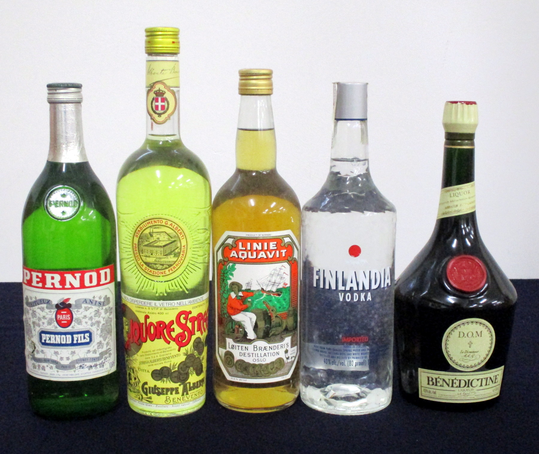 1 litre bt Pernod 43% 1 litre bt Giuseppe Alberti Liquore Strega 40% 1 litre bt Linie Aquavit 41.
