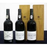 1 bt Taylors 1983 Vintage Port 2 bts Taylors 1985 Vintage Port ind polished wooden presentation