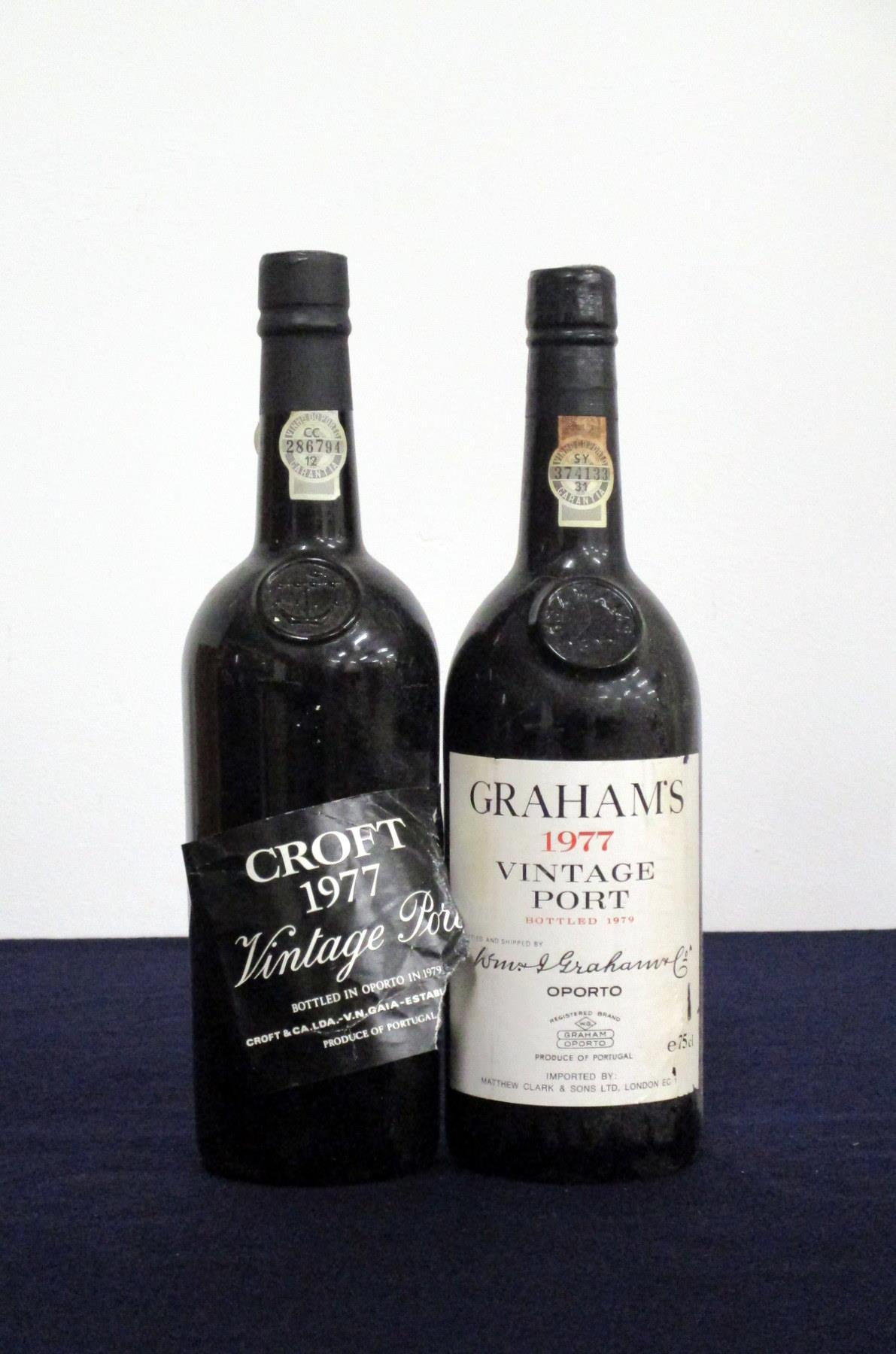 1 bt Croft 1977 Vintage Port i.n, loose/torn label 1 bt Grahams 1977 Vintage Port base of neck Above