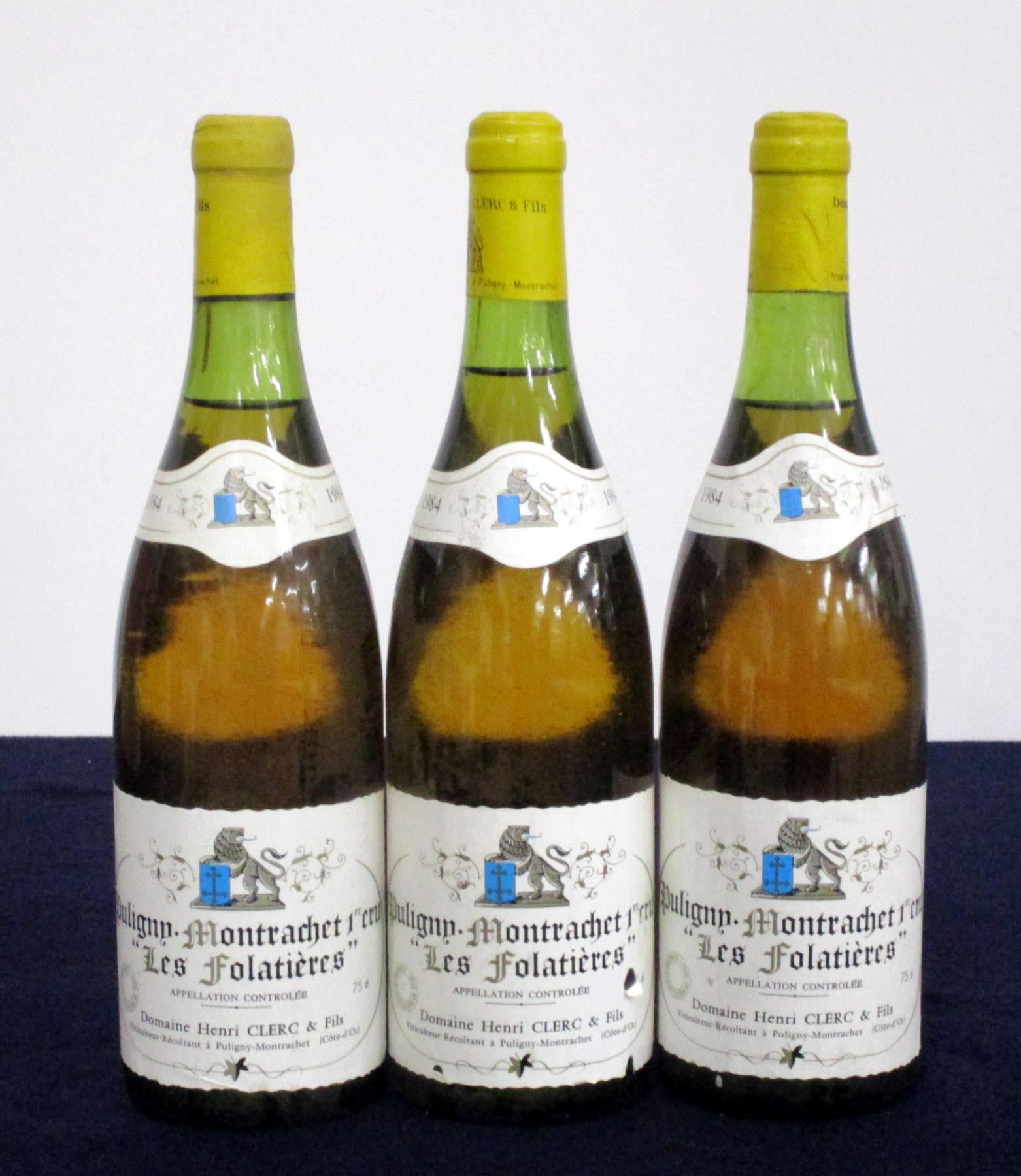 3 bts Puligny-Montrachet 1er Cru Les Folatières 1984 Dom Henri Clerc et Fils 1 ts, 2 us, vsl bs, vsl