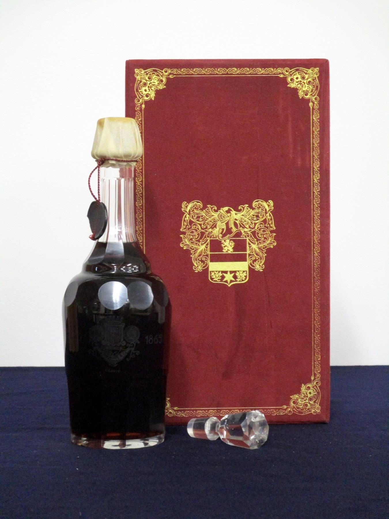 1 bt Prunier 1865 Cognac with Cut Glass and Etched Decanter in lined presentation case with stopper