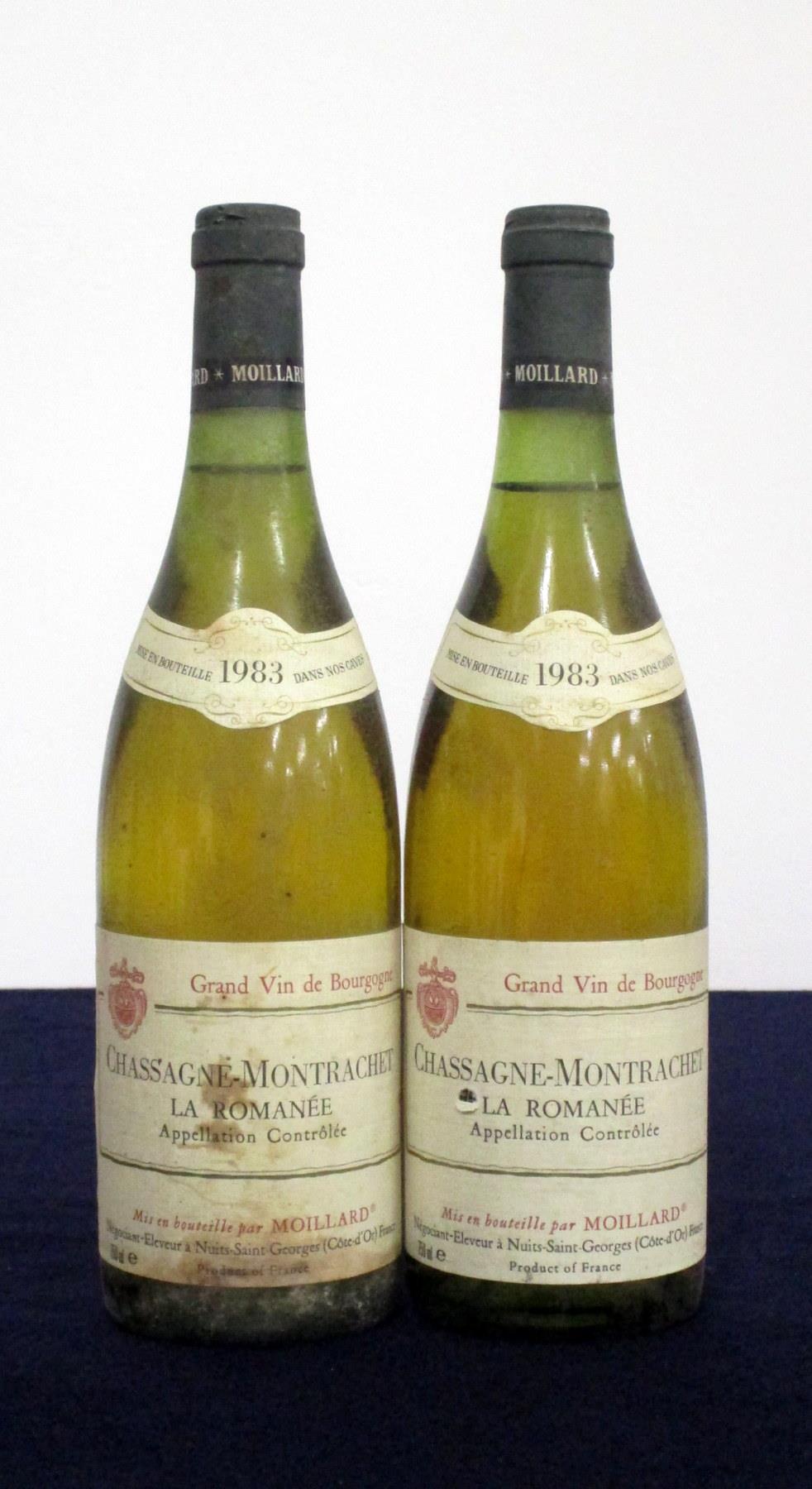 2 bts Chassagne-Montrachet La Romanée 1983 Moillard i.n, vts, bs/stl, vsl crusted foil