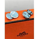 Hermes Paris Monogram Blue Enamel Silver Cufflinks