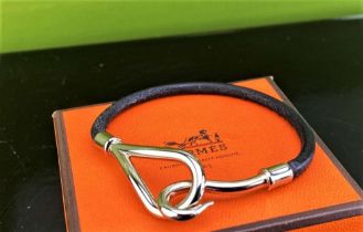 Hermes Paris - Jumbo Hook Palladium & Classic Leather Bracelet