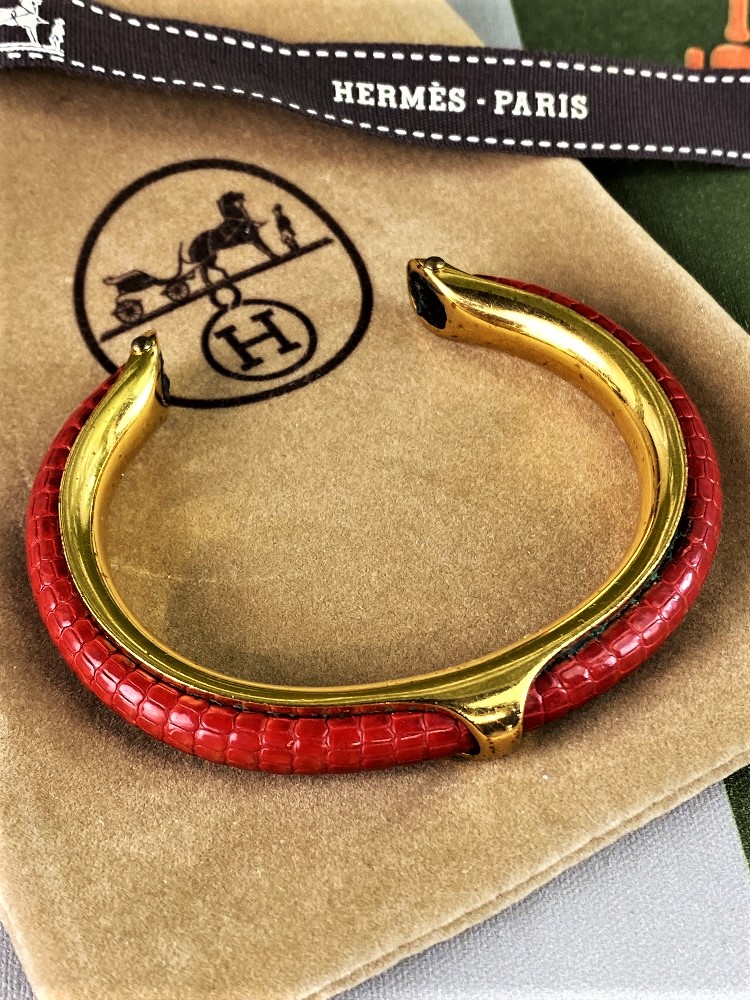 Hermes Paris-Vintage Gold & Lizard Leather Bracelet - Image 2 of 4