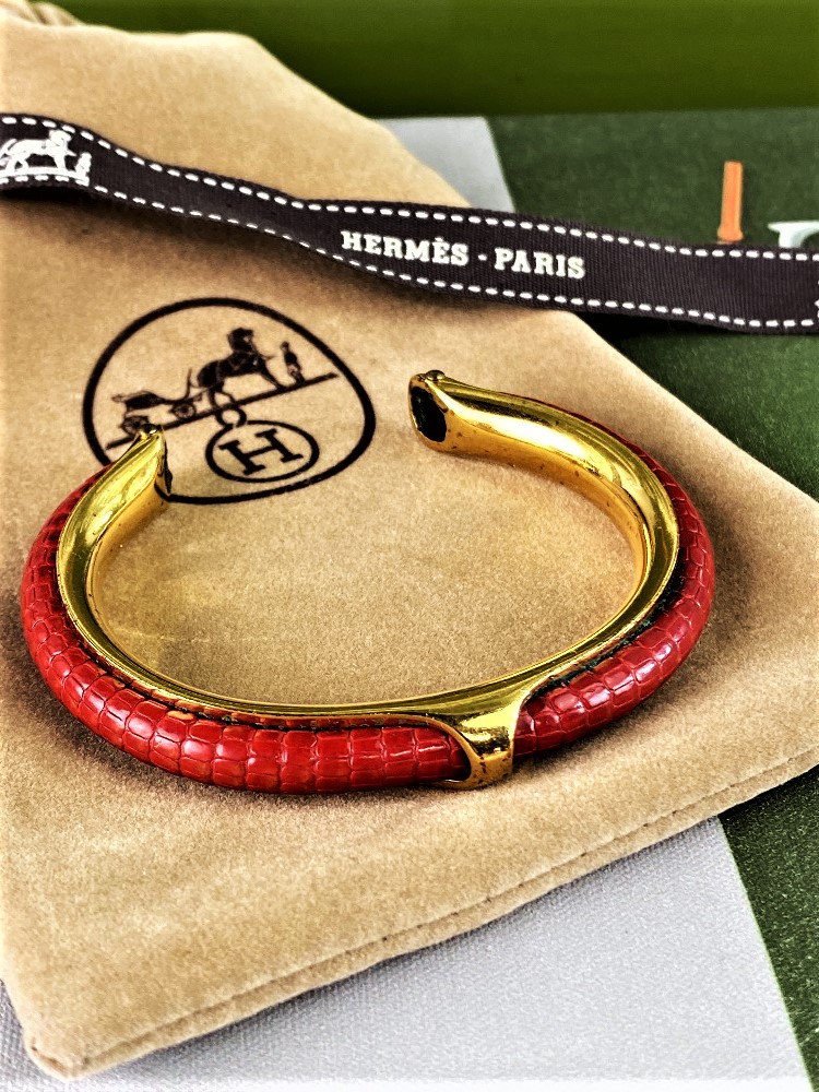 Hermes Paris-Vintage Gold & Lizard Leather Bracelet