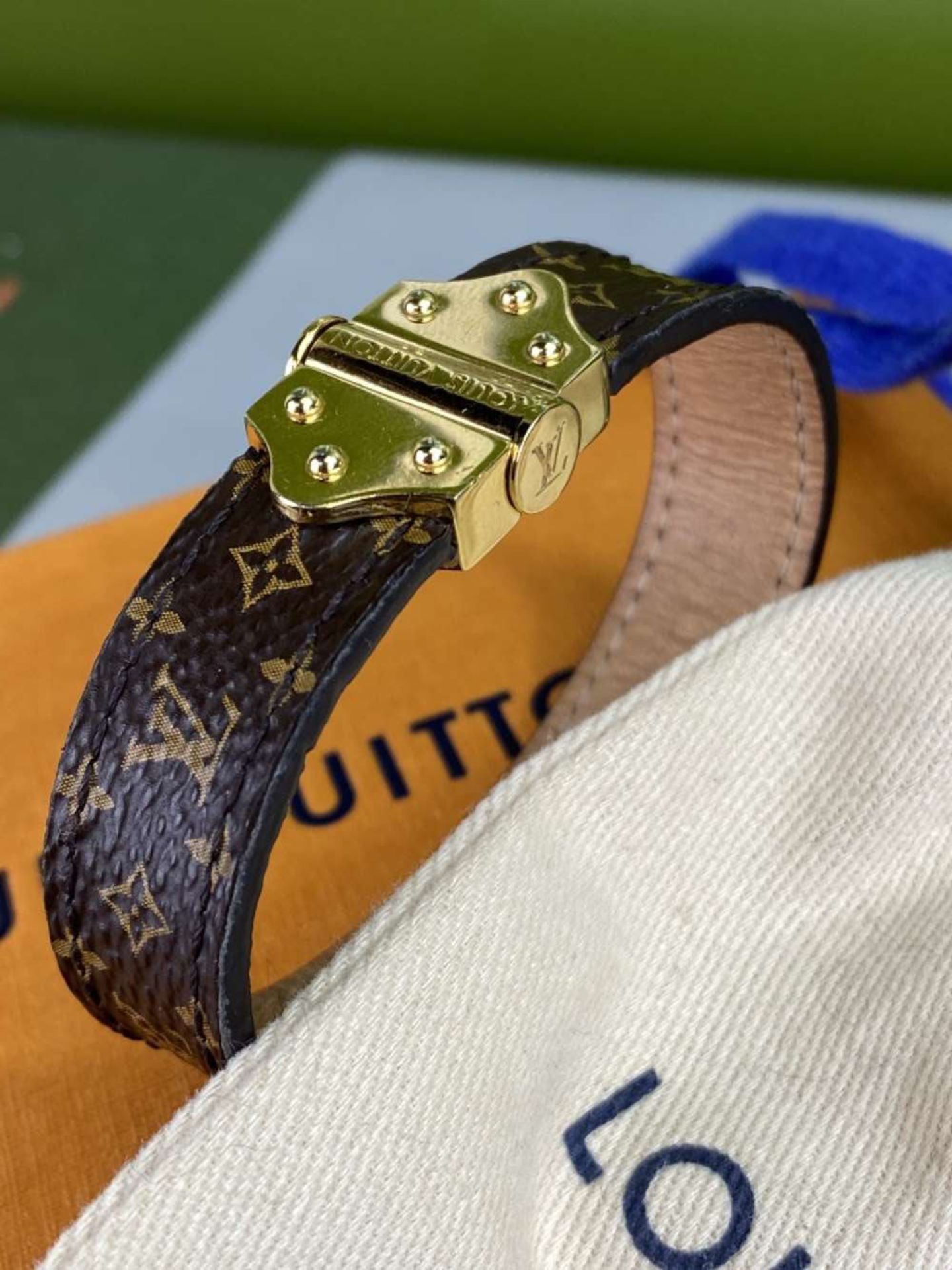 Louis Vuitton Classic Monogram Leather & Gold Plated Bracelet