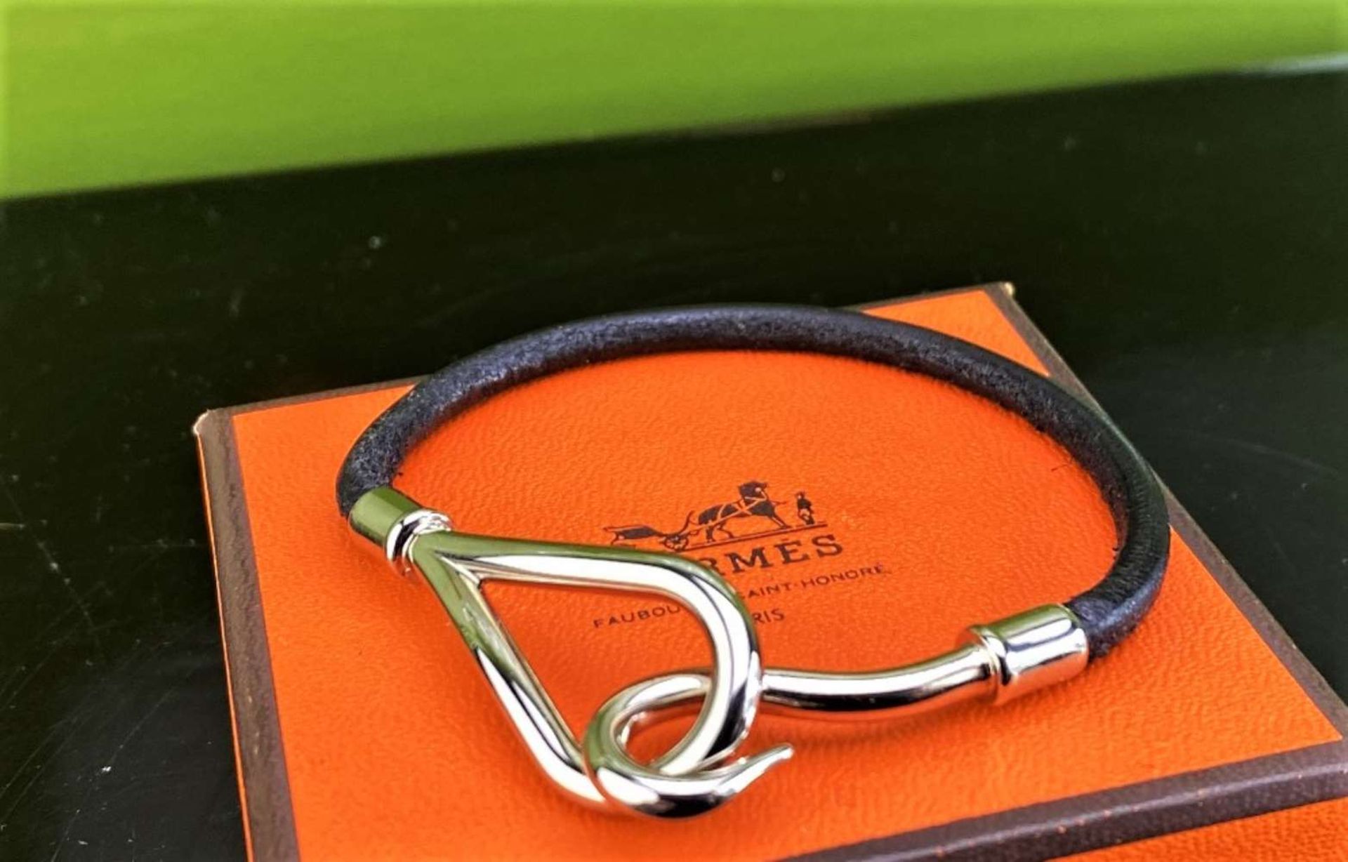 Hermes Paris - Jumbo Hook Palladium & Classic Leather Bracelet