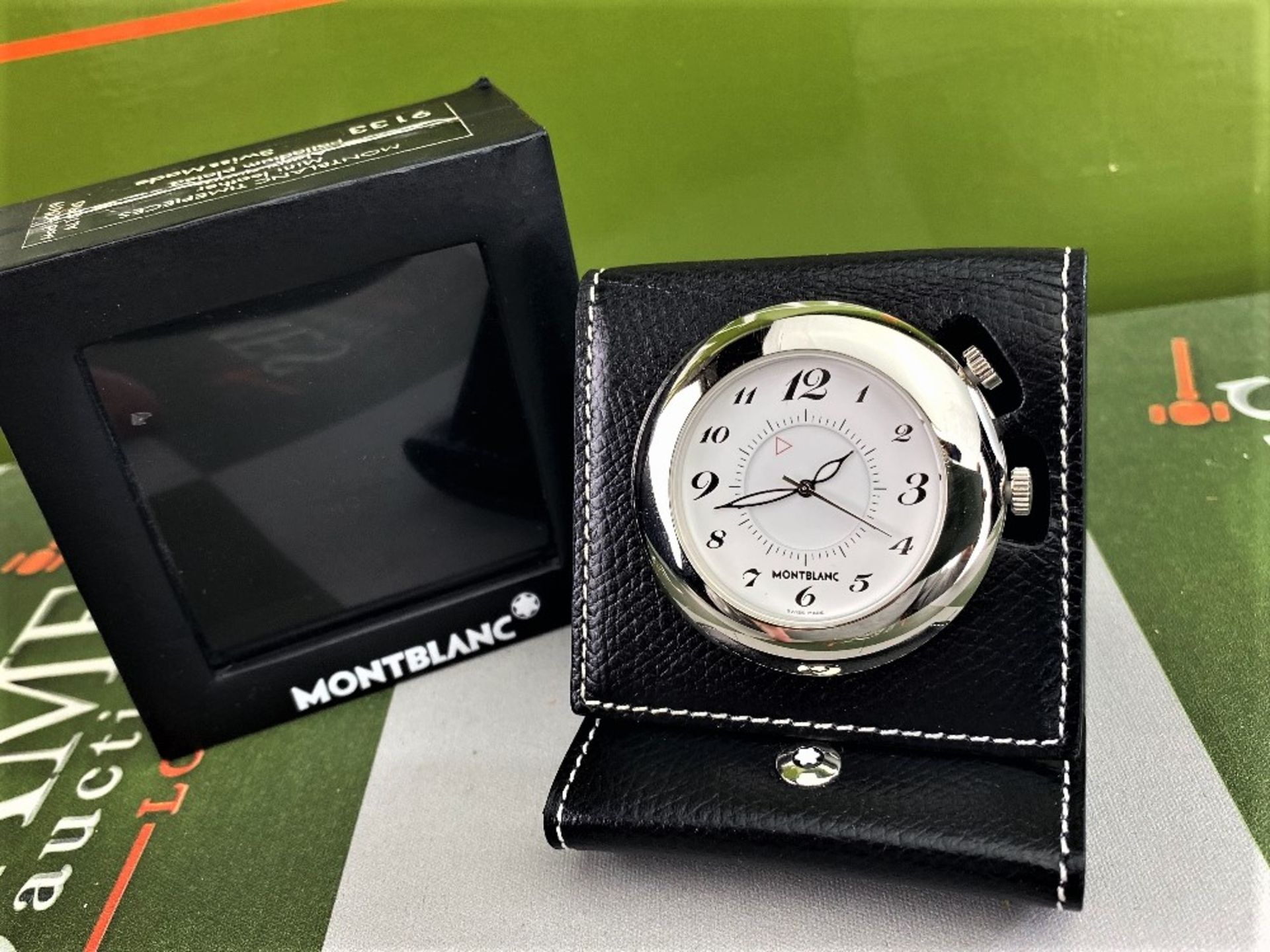 Montblanc Travel Clock Palladium Plated & Leather.