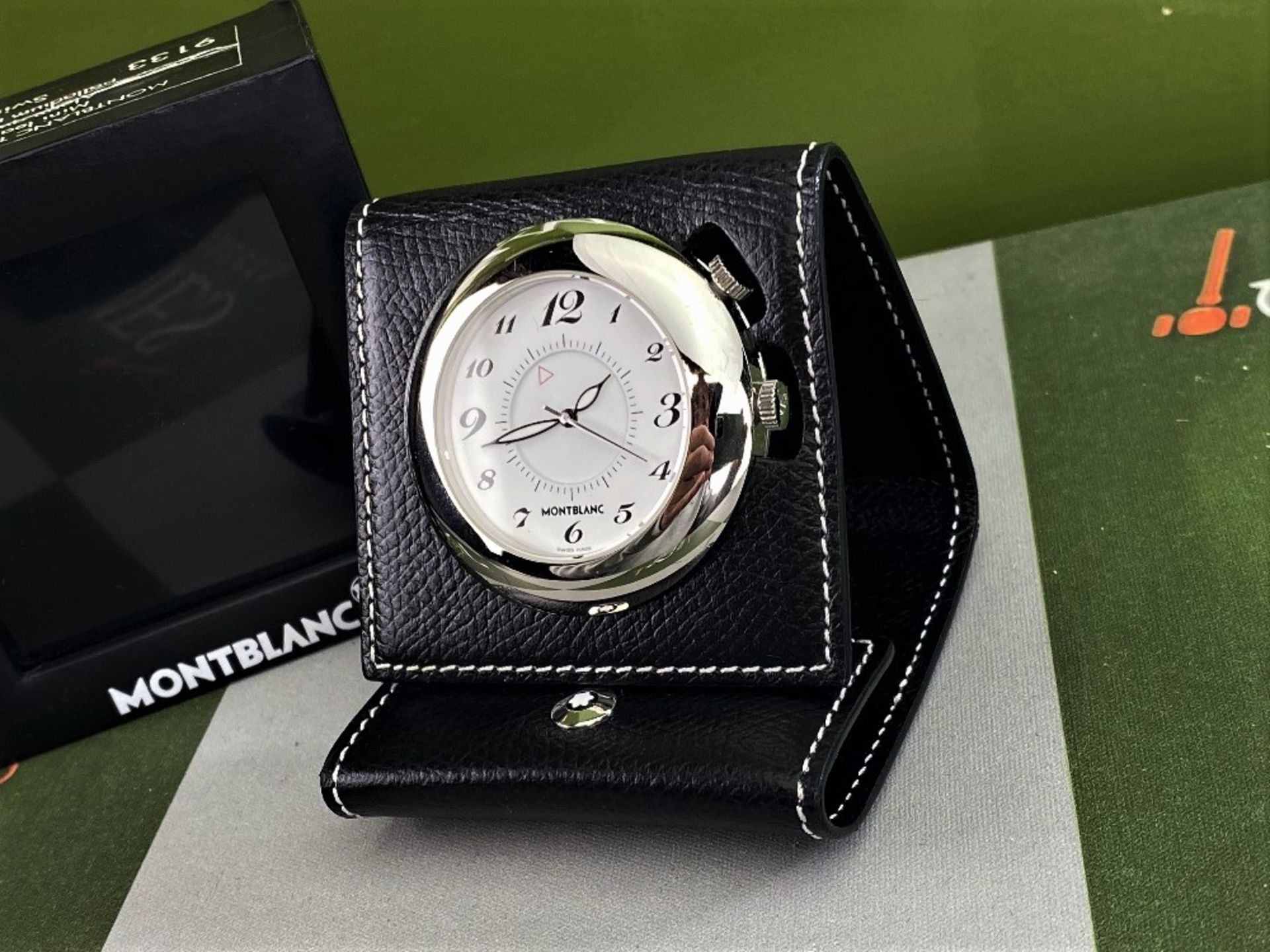 Montblanc Travel Clock Palladium Plated & Leather. - Image 3 of 5