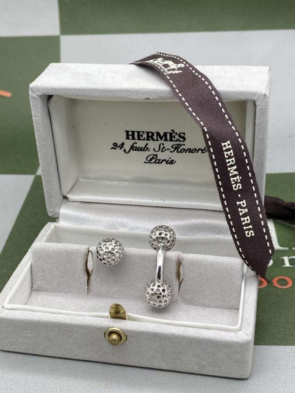 Hermes Paris Vintage Cufflinks Hallmarked 925 Solid Silver Golf Ball Edition