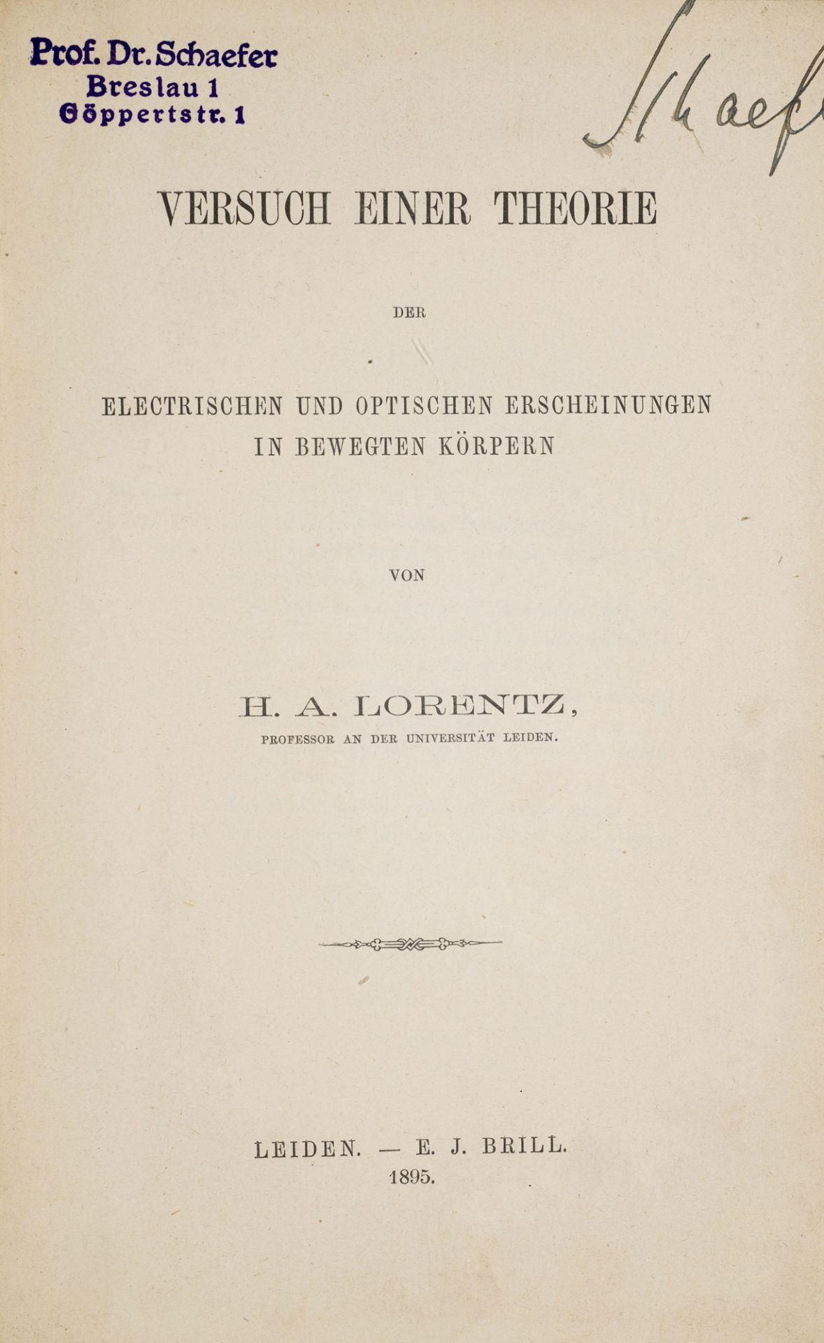 Physik - - H. A Lorentz. Versuch einer