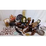 Good box of miscellaneous to include two cast aluminium Villiers ashtrays, cast iron book stand,