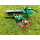 Gardenline petrol chainsaw, Gardenline electric leaf blower and Black and Decker electric hedge