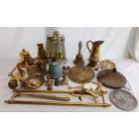 Box of various brassware to include bells (one bronze), fixtures and fittings, jugs, chargers etc