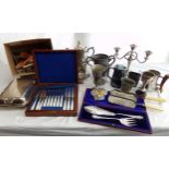 Collection of silver plate to include a good pearl handled canteen and various table ware with