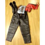 Two pairs of vintage leather bikers boots, pair of leather bikers trousers and a waterproof biker