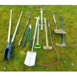 Collection of garden tools to include shovels, pick axes etc (10)
