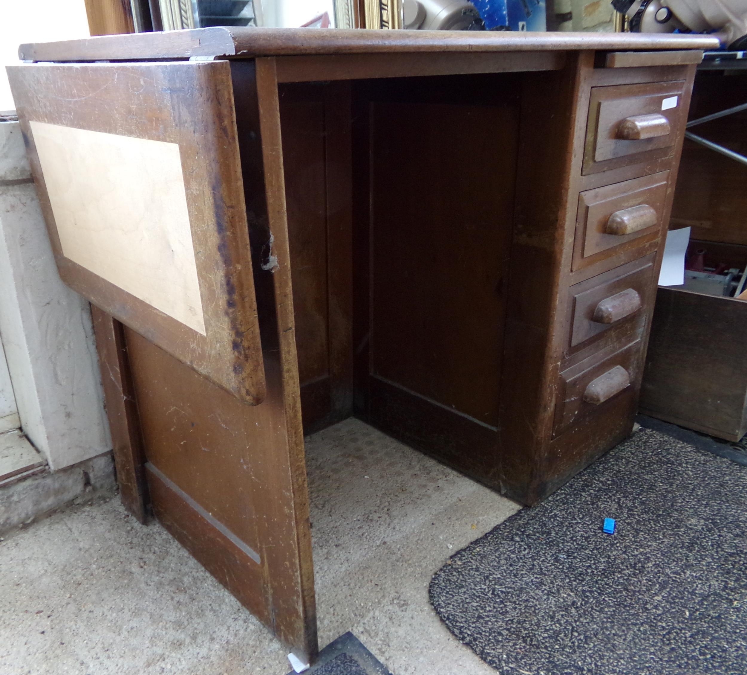 Vintage oak desk with four drawers and drop end, 93cm long