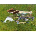 Collection of useful tools to include brooms, shovel, axe etc (bucket full)