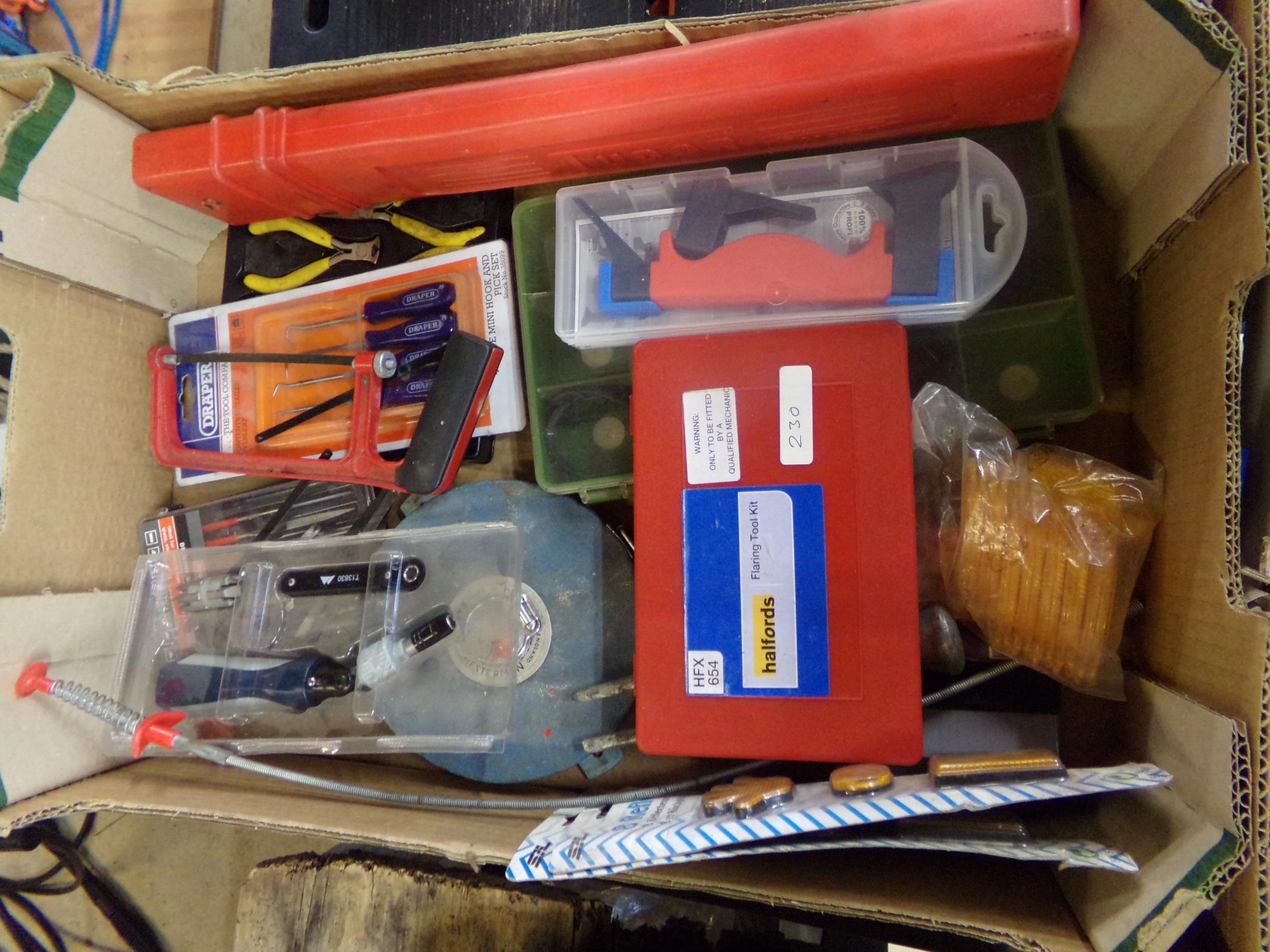 Box of car accessories to include hand tools, ball joint splitter, etc
