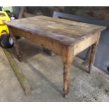 Victorian pine refectory kitchen table with wavy apron, the top 136 x 77 cm