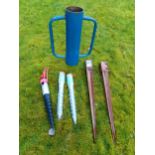 Fence post driver, two Metpost fence spikes and three ground anchors (6)